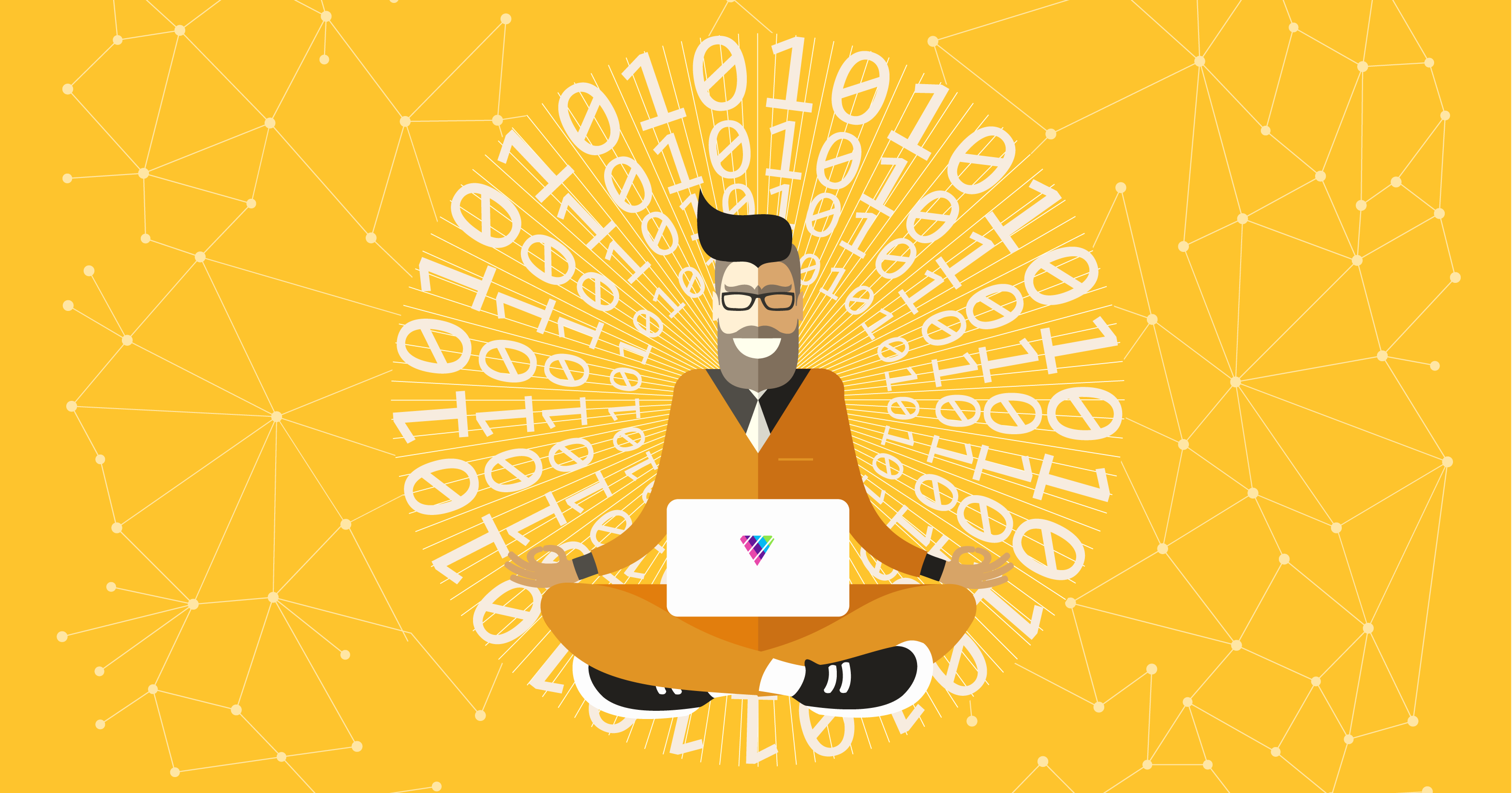 Cartoon person sitting cross-legged with a laptop, meditating about code