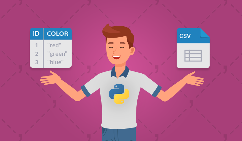 Course cover image. A cartoon person showing the format of a CSV file