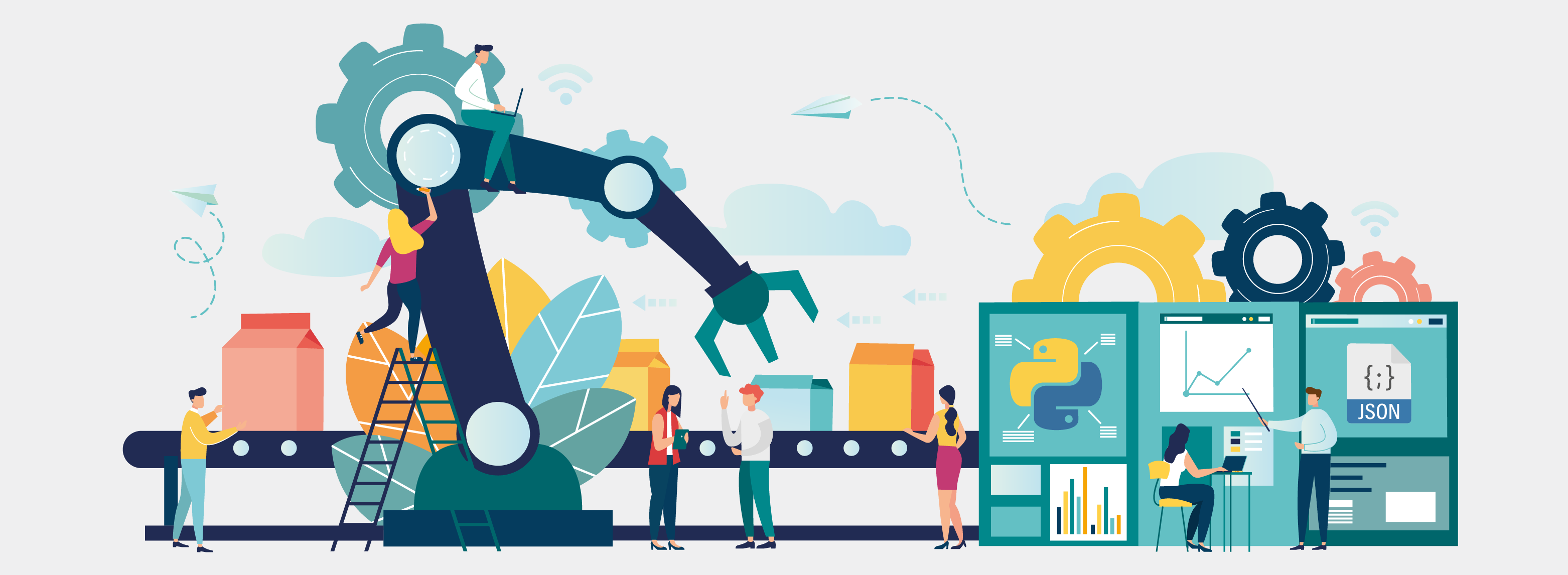 Course cover image. A cartoon assembly line that ends with Python logo, charts, and JSON files